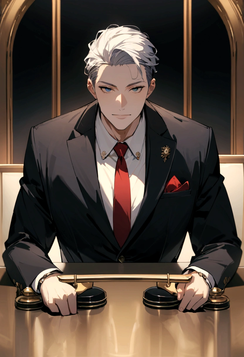 Portrait of New York businessman sitting behind desk in suit This man must be handsome and elegant Images must be 8K、Behind him you need to see New York、Facing the front、Looking at the camera