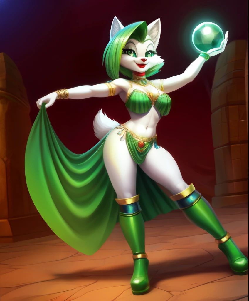 Verde the female anthro white wolf, green hair, red lipstick, green belly dancer, green boots, holding a futuristic green orb, tiny toons style