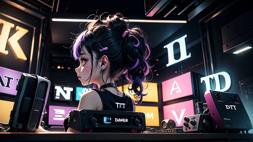 Lo-FI youtube channel banner, (DTG word: 1.8), (DTG letters: 1.8), (Three letters: 1.5), DJ set, Music, cassette, CD Player, Futuristic device for music playing, Music reproducer, Lo-fi, writing, abstract, colorful, high resolution, high quality, neon colors, dark grey background, black grey grdient