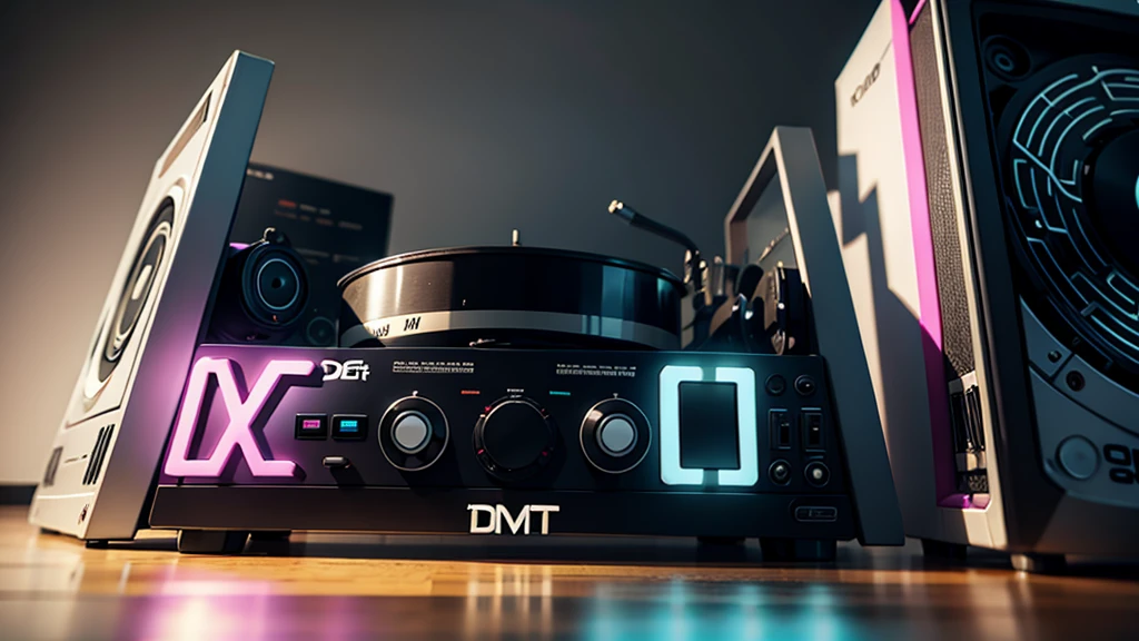 Lo-FI youtube channel banner, (DTG word: 1.8), (DTG letters: 1.8), (Three letters: 1.5), DJ set, Music, cassette, CD Player, Futuristic device for music playing, Music reproducer, Lo-fi, writing, abstract, colorful, high resolution, high quality, neon colors, dark grey background, black grey grdient