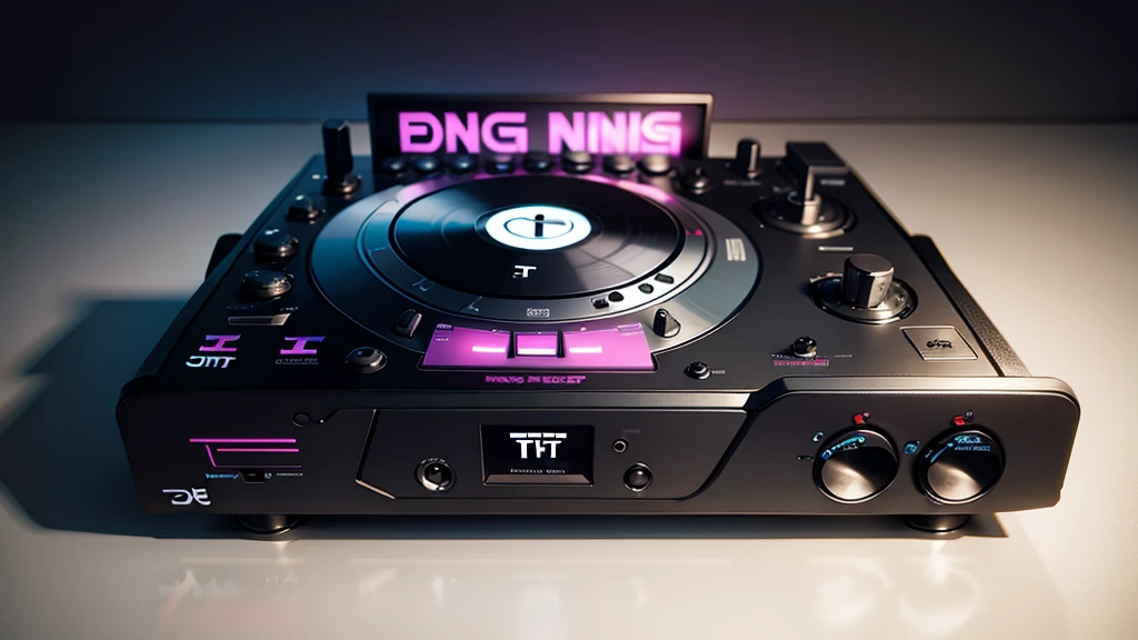 Lo-FI youtube channel banner, (DTG word: 1.8), (DTG letters: 1.8), (Three letters: 1.5), DJ set, Music, cassette, CD Player, Futuristic device for music playing, Music reproducer, Lo-fi, writing, abstract, colorful, high resolution, high quality, neon colors, dark grey background, black grey grdient