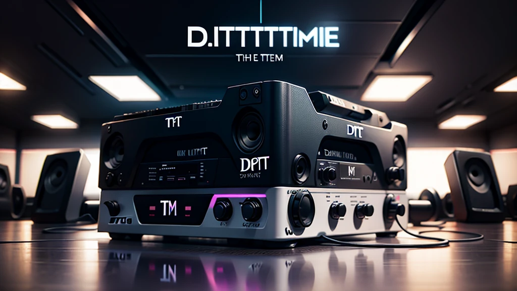 Lo-FI youtube channel banner, (DTG word: 1.8), (DTG letters: 1.8), (Three letters: 1.5), DJ set, Music, cassette, CD Player, Futuristic device for music playing, Music reproducer, Lo-fi, writing, abstract, colorful, high resolution, high quality, neon colors, dark grey background, black grey grdient