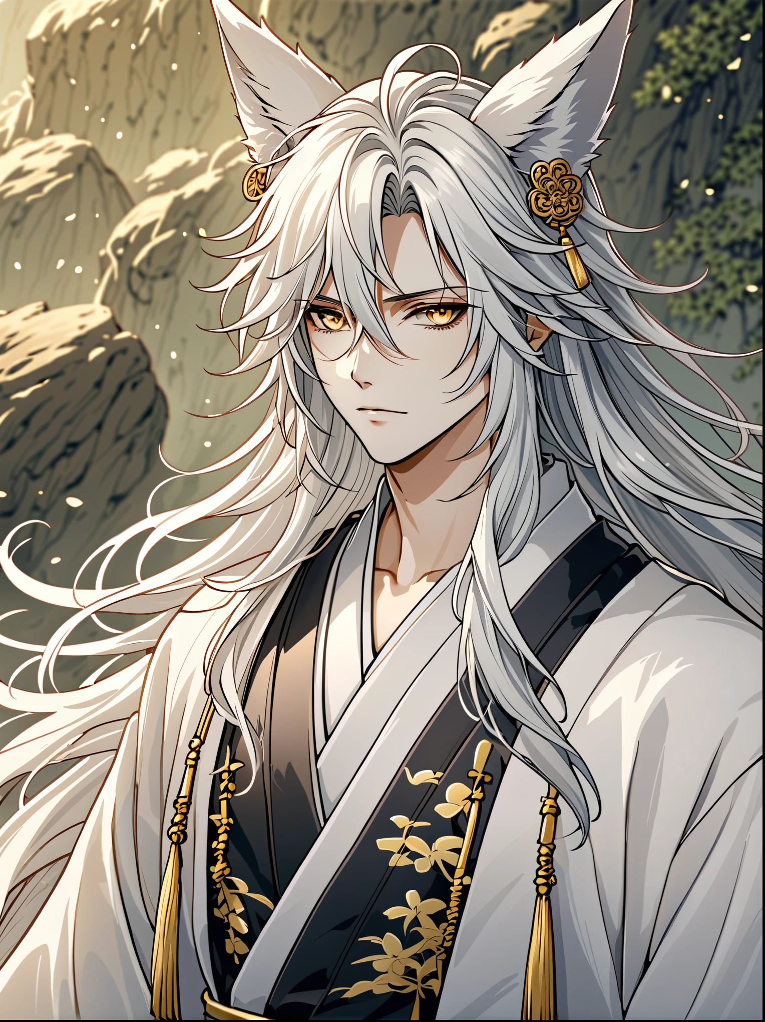 ((Highest quality)), ((masterpiece)), (detailed), ((Perfect Face))、Miyabi、male,  銀髪のmale性キャラクター。He has been, Flowing hair and piercing golden eyes..。It has white fox ears on its head。
performance: 真剣なperformanceをしています。
He was wearing a presenter-style outfit, mainly white...、Sword in hand。chinese style clothing、Contains intricate patterns and textures。
 The color scheme is based on white and gold...、キャラクターのdetailedな陰影、chinese style clothing
背景: The background has the atmosphere of a wilderness battlefield.、キャラクターのdetailedを強調するように設計。
 Anime Style、Characterized by delicate lines and soft shadows.。Realistic yet stylish.、Subtle gradients and textures are used。
The characters exude a calm and relaxed atmosphere...、It gives a slightly mysterious and fantastical impression...。