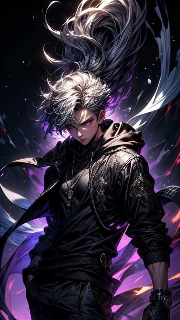 Masterpiece, best quality, high resolution, highly detailed, 1 young boy ( teenager ), young handsome face,  white hair ( light in the hair), purple eyes ( glowing eyes ), cold expression ( cold look ), wearing a black hoodie, and black pants, black watch, surrounded by the splendors of the universe, pay attention to stunning details, and achieve a resolution of 64k, floating in a dynamic pose, high quality, with a majestic aura of authority.