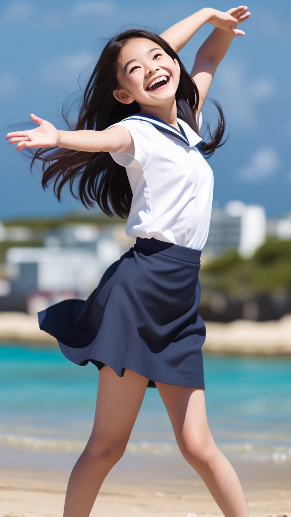 1girl,(((Okinawa ocean)))、(((White sand beaches in Okinawa)))、(((Just join your hands and pray)))、(((Mysterious look)))、8k UHD、Digital single-lens reflex camera、High resolution、Shallow depth of field、Natural light、(((Sailor suit)))、へそ出しルック、(((navy blue super mini skirt)))、(((A sparkling, charming smile)))、(((Full body photography)) )、Small person、(((Young face)))、1 Japanese female、12 years old;beautiful girl、(Black Hair)、A strong wind blows up my skirt、(((Brown eyes)))、Glowing Skin、Smooth Thinning Hair、Long Hair、Detailed background、Detailed eyes and face、Clear Eyes、Cute smile、Calm atmosphere、(((stage)))、(((Small breasts)))、(((Beautiful Eyes)))、Flat chest、Children、(((Toned thighs))) 、(((Angle from below) ))、(((Fine lips)))、(((Skirt fluttering)))、Shining beautiful legs、( Skirt fluttering violently in the strong wind :1.4),   (hair blowing in the strong wind:1.4), (leaning forward)、barefoot、barefoot、((((A skirt flipped up by a strong wind))))