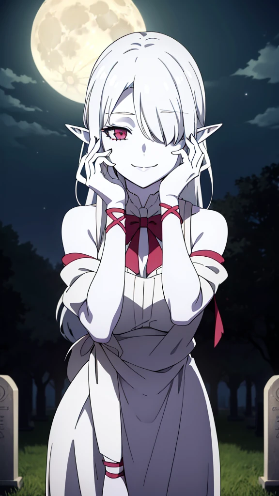 (1girl,20s,mature female),solo,white hair,long hair,(((white skin,colored skin))),elf ears,(((hair over one eye)))(night,moon,graveyard),(smile,yandere,yandere trance),hands on own face,hands on own cheeks,((mummy costume))