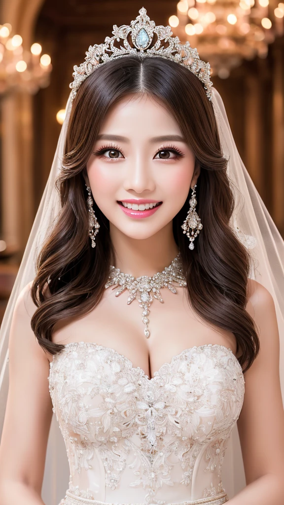 (Highest quality、Tabletop、8K、Best image quality、Award-winning works)、One beautiful bride、(alone:1.1)、(The most extravagant and gorgeous huge wedding dresses:1.1)、(Perfect Wedding Lace:1.2)、(The most extravagant and luxurious giant tiara:1.1)、(The most extravagant and luxurious giant necklace:1.1)、The most beautiful smile is looking at me、A wide selection of the finest jewellery、(Bridal upper body photo:1.1)、Perfect Makeup、Long eyelashes、Ultra HD Shining Eyes、Ultra HD Hair、Ultra-high resolution glossy lips、Ultra High Resolution Perfect Teeth、Super high resolution beautiful face、(Accurate anatomy:1.1)、(Very bright and beautiful skin:1.2)、(very bright and vivid:1.2)、(Luxury wedding venue background:1.1)