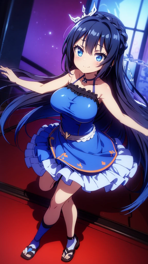 best quality,extremely detailed,anime style,1adult girl,Long hair down to the waist,straight hair,Dark black hair with bluish,Braid on top of the head,beautiful detailed eyes,pinched eyes,dark blue eyes,((huge breasts)),smile,garter belt,princess motif white base idol dress,Fluttering and mysterious clothes,hair ornament,blue idol stage,dance,((((in aikatu style)))),fullbody