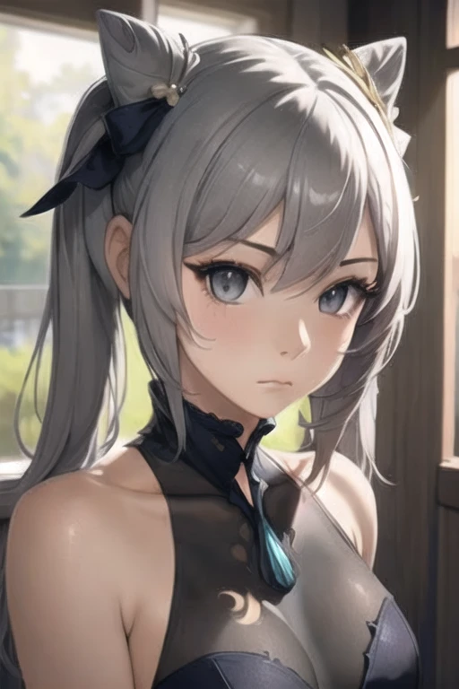 older girl with long light grey hair, grey eyes, and has an apathetic expression on her face