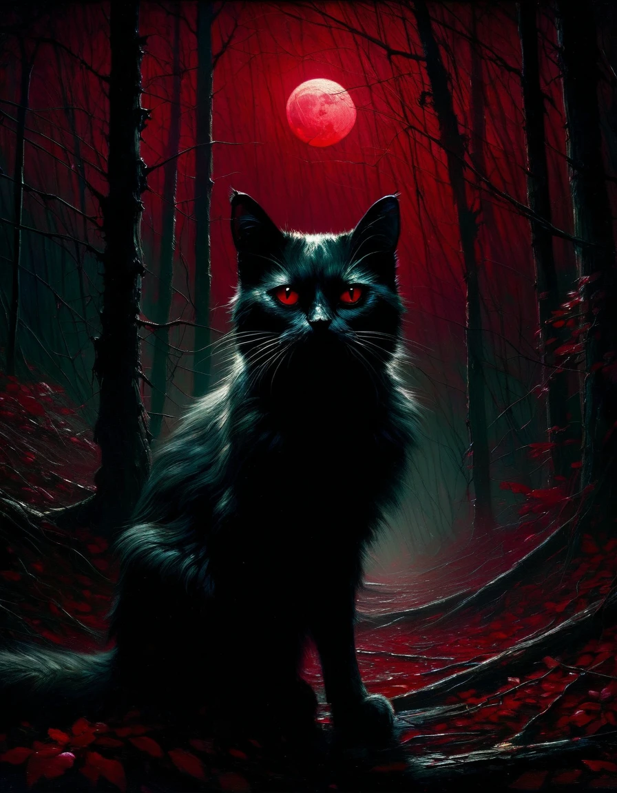A sinister feline in a gloomy forest, an abandoned dwelling beneath a crimson moon, oil painting, dark and atmospheric, highly detailed, hyper-realistic, dramatic lighting, rich textures, moody color palette, Sienkiewicz-inspired, masterpiece, best quality, 8k, ultra-detailed, photorealistic