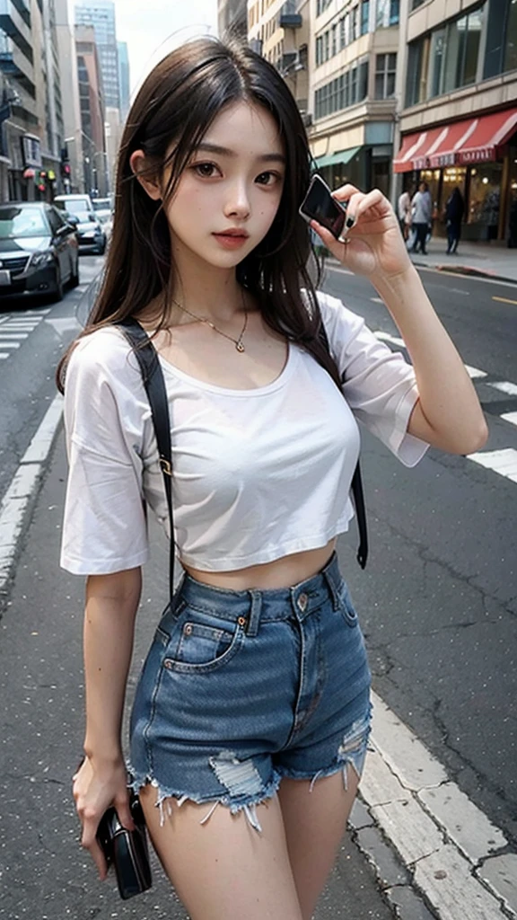 Beautiful woman, fiddling with cell phone in the middle of the street, short clothes