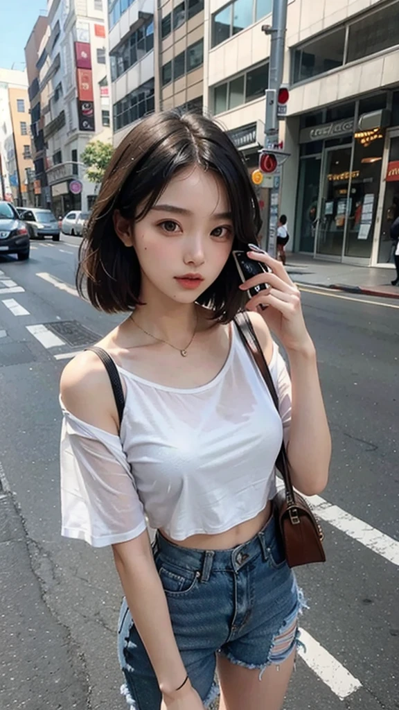 Beautiful woman, fiddling with cell phone in the middle of the street, short clothes