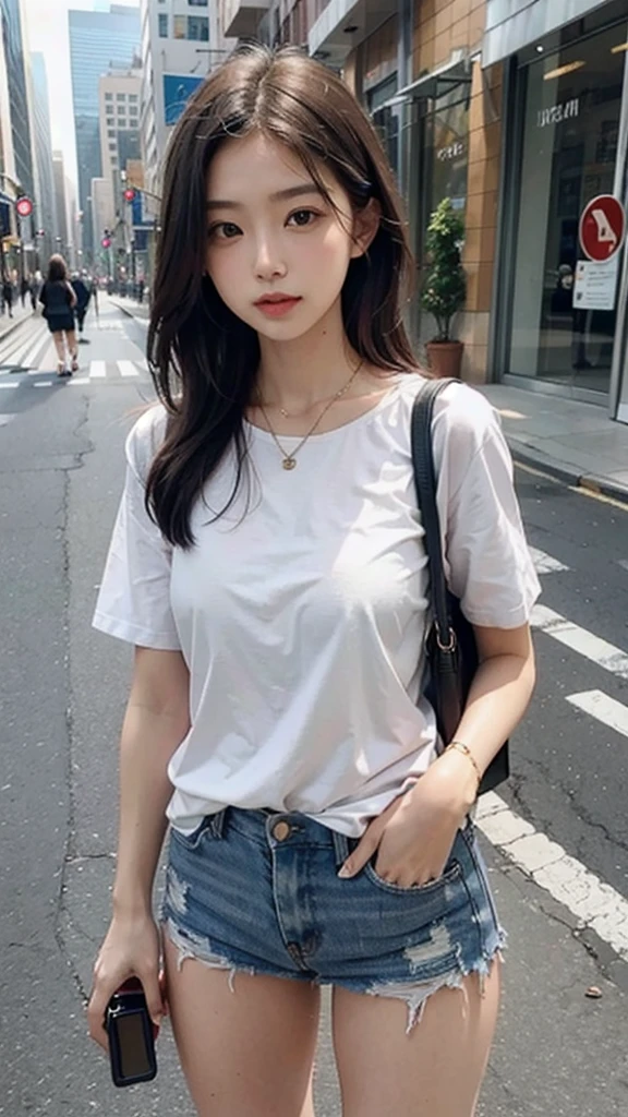 Beautiful woman, fiddling with cell phone in the middle of the street, short clothes