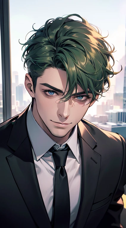 (best quality,4k,8k,highres,masterpiece:1.2),ultra-detailed,(realistic,photorealistic,photo-realistic:1.37),1 man,31 years old,mature man,very handsome,without expression,smile,short green hair,blue eyes,penetrating gaze,perfect face without errors,imposing posture,businessman,office background,cinematic lighting,hdr imageq