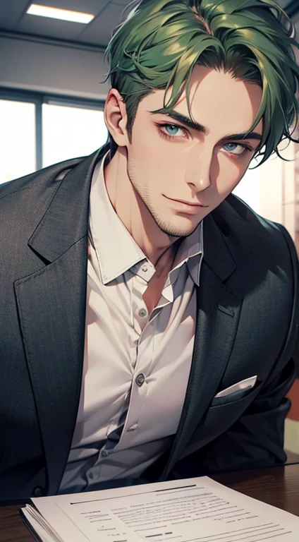 (best quality,4k,8k,highres,masterpiece:1.2),ultra-detailed,(realistic,photorealistic,photo-realistic:1.37),1 man,31 years old,mature man,very handsome,without expression,smile,short green hair,blue eyes,penetrating gaze,perfect face without errors,imposing posture,businessman,office background,cinematic lighting,hdr imageq