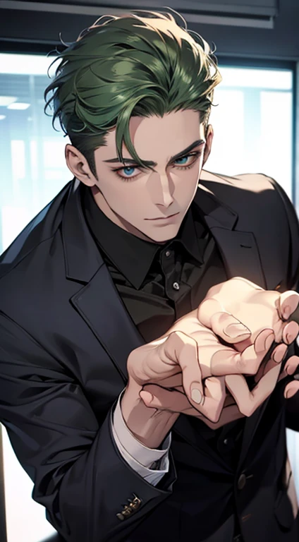 (best quality,4k,8k,highres,masterpiece:1.2),ultra-detailed,(realistic,photorealistic,photo-realistic:1.37),1 man,31 years old,mature man,very handsome,without expression,smile,short green hair,blue eyes,penetrating gaze,perfect face without errors,imposing posture,businessman,office background,cinematic lighting,hdr imageq