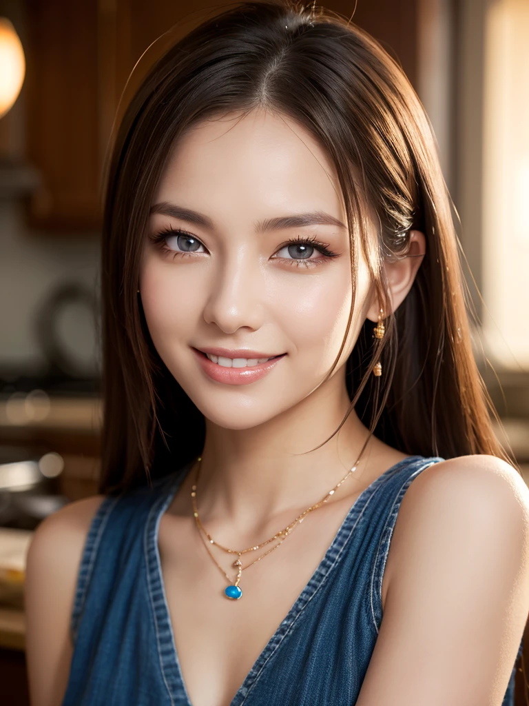 a beautiful young russian woman, detailed face, ((high quality)), photorealistic, stunning eyes, long eyelashes, flawless skin, light brown hair, tight waist, necklace, active posing, long hairstyle, vivid colors, masterpiece, best quality, confident expression, ultra-detailed, (realistic:1.37), 8K, HDR, studio lighting, physically-based rendering, professional, vivid colors, bokeh, portrait, leader, countertop, utensils, culinary masterpiece、A kind smile