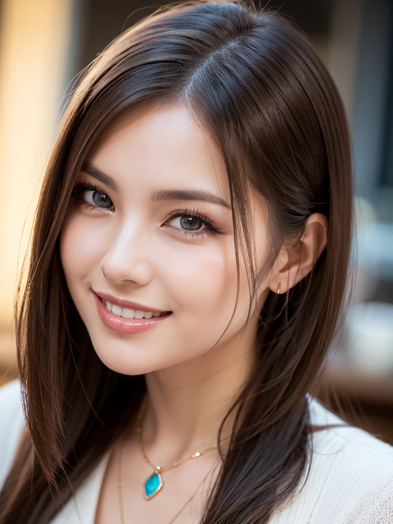 a beautiful young russian woman, detailed face, ((high quality)), photorealistic, stunning eyes, long eyelashes, flawless skin, light brown hair, tight waist, necklace, active posing, long hairstyle, vivid colors, masterpiece, best quality, confident expression, ultra-detailed, (realistic:1.37), 8K, HDR, studio lighting, physically-based rendering, professional, vivid colors, bokeh, portrait, leader, countertop, utensils, culinary masterpiece、A kind smile