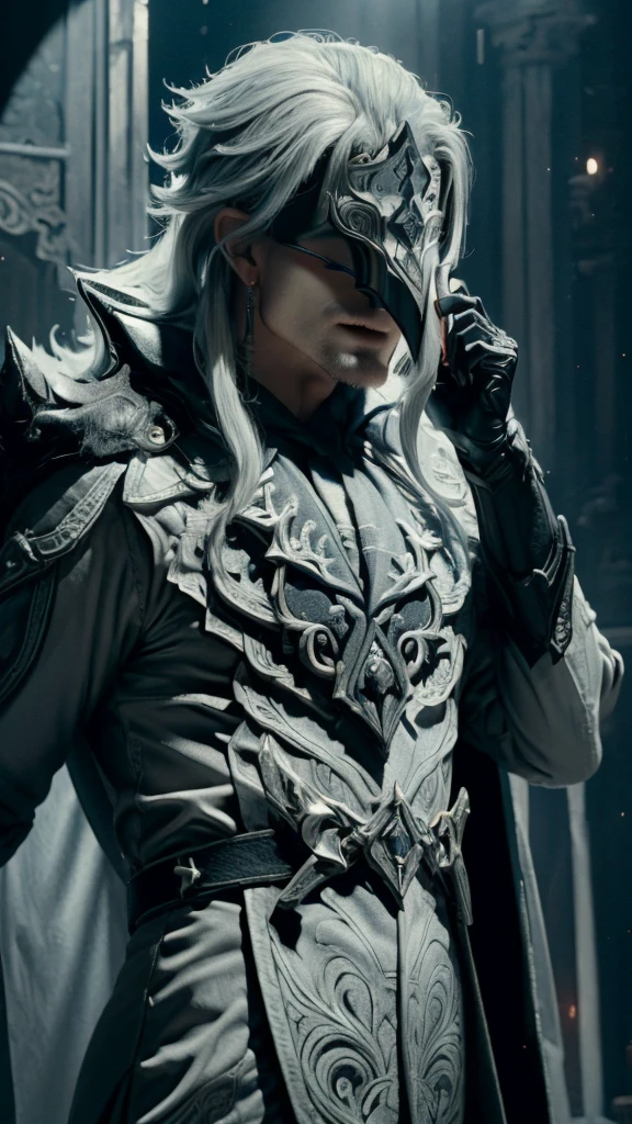 In realistic painting portrait of high quality and detail, Dottore (Genshin Impact), (best quality,4k,highres:1.2), ultra-detailed, (realistic,photorealistic:1.37), 1man, full body, 40-year-old man, arrogant face, sharp features, slim face, thin face, detailed face, fatigued expression, He has long hair and wears a black pointed mask covering his eyes. He is wearing a white coat with silver inserts over a blue shirt and loose black trousers. There are a lot of black belts and blue details on the clothes. Dottore wears black fur, which is attached to the right shoulder pad, resembling a plague doctor mask, dark and moody lighting, portrait, contrasting colors, subtle shadows, mysterious atmosphere, outdoors, snow, Red Square on the background, He's stands on the 19th century Red Square, (ultra-high detail:1.2), Masterpiece, Best Quality, Ultra-detailed, Cinematic lighting, 8K, delicate features, cinematic, 35 mm lens, f/1.9, highlight lighting, global lighting –uplight –v 4, Cinematic lighting, 8K, high quality, Highest Quality, (Solo Focus), (extremly intricate:1.3), (Realistic), masterful, Analog style, (Film grain:1.5), (warm hue, cold tone), Mystical powers, fantasy, Depth & Perspective, movie style, dark and mysterious atmosphere,
