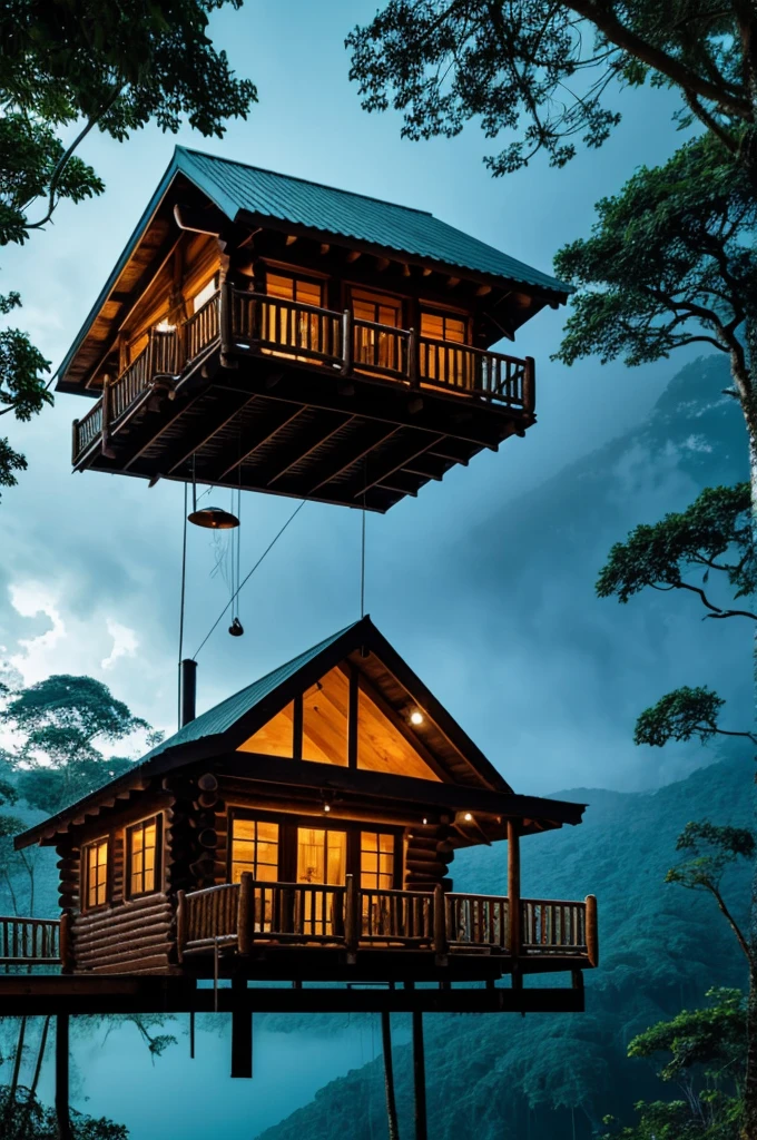 A cabin in the middle of a rainforest while sea jellyfish float in the sky 