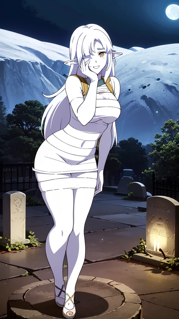 (1girl,20s,mature female),solo,white hair,long hair,(((white skin,colored skin))),elf ears,(((hair over one eye))),(night,moon,graveyard),(smile,yandere,yandere trance),hands on own face,hands on own cheeks,((mummy costume))