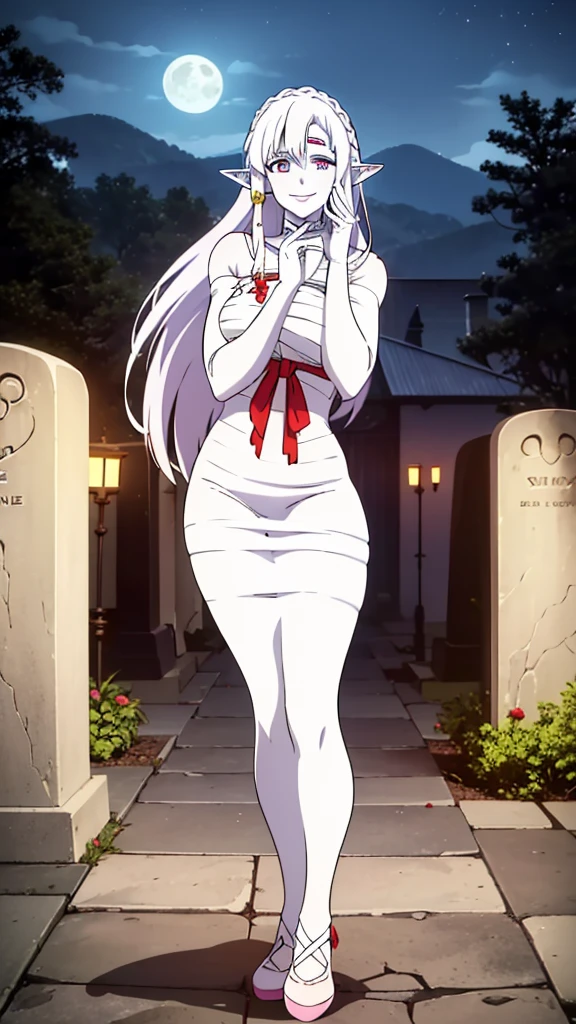 (1girl,20s,mature female),solo,white hair,long hair,(((white skin,colored skin))),elf ears,(((hair over one eye))),(night,moon,graveyard),(smile,yandere,yandere trance),hands on own face,hands on own cheeks,((mummy costume))