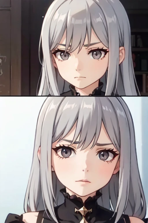 older women with long light grey hair, grey eyes, and has an apathetic expression on her face