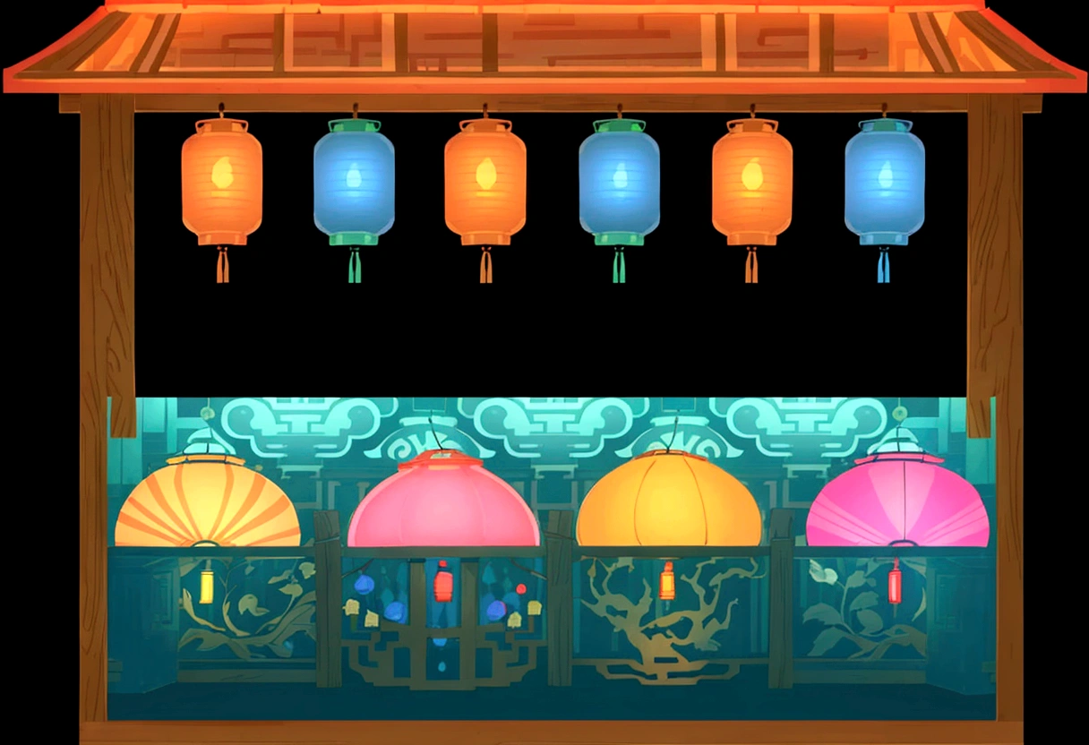 a wooden stand with lanterns and fan's on it, lanterns, colorful lanterns, tileset, street lanterns, temple background, evening lanterns, floating chinese lampoons, 2d game asset, tea drinking and paper lanterns, glowing lanterns, street lanterns glow, background art, 2 d game assets, dim lantern, tileset asset store, hanging lanterns, add shadow to bottom
