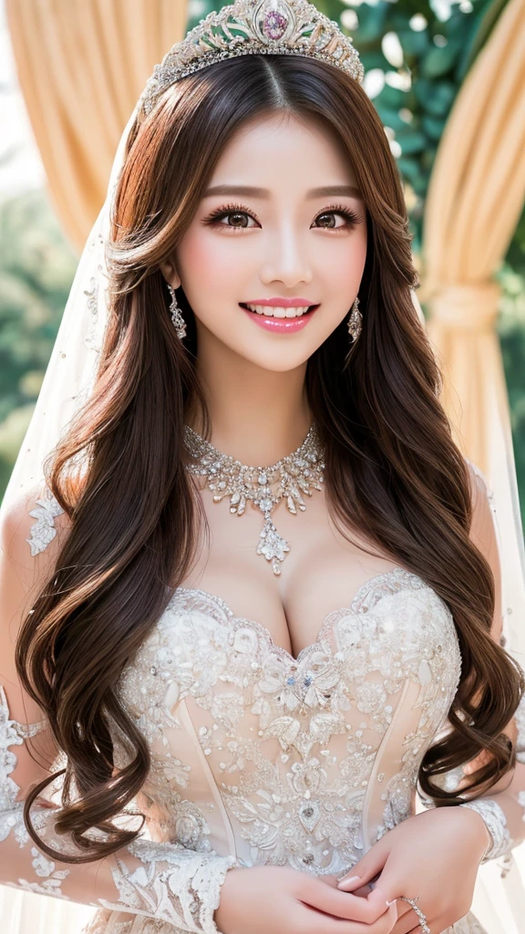 (Highest quality、Tabletop、8K、Best image quality、Award-winning works)、One beautiful bride、(alone:1.1)、(The most extravagant and gorgeous huge wedding dresses:1.1)、(Perfect Wedding Lace:1.2)、(The most extravagant and luxurious giant tiara:1.1)、(The most extravagant and luxurious giant necklace:1.1)、The most beautiful smile is looking at me、A wide selection of the finest jewellery、(Bridal upper body photo:1.1)、Perfect Makeup、Long eyelashes、Ultra HD Shining Eyes、Ultra HD Hair、Ultra-high resolution glossy lips、Ultra High Resolution Perfect Teeth、Super high resolution beautiful face、(Accurate anatomy:1.1)、(Very bright and beautiful skin:1.2)、(very bright and vivid:1.2)、(Luxury wedding venue background:1.1)
