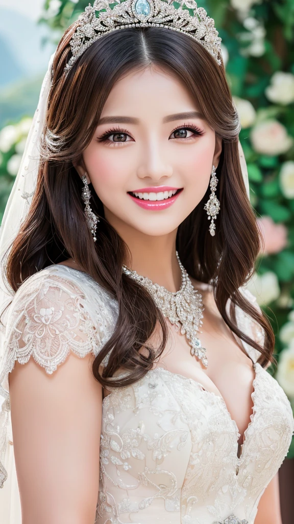 (Highest quality、Tabletop、8K、Best image quality、Award-winning works)、One beautiful bride、(alone:1.1)、(The most extravagant and gorgeous huge wedding dresses:1.1)、(Perfect Wedding Lace:1.2)、(The most extravagant and luxurious giant tiara:1.1)、(The most extravagant and luxurious giant necklace:1.1)、The most beautiful smile is looking at me、A wide selection of the finest jewellery、(Bridal upper body photo:1.1)、Perfect Makeup、Long eyelashes、Ultra HD Shining Eyes、Ultra HD Hair、Ultra-high resolution glossy lips、Ultra High Resolution Perfect Teeth、Super high resolution beautiful face、(Accurate anatomy:1.1)、(Very bright and beautiful skin:1.2)、(very bright and vivid:1.2)、(Luxury wedding venue background:1.1)