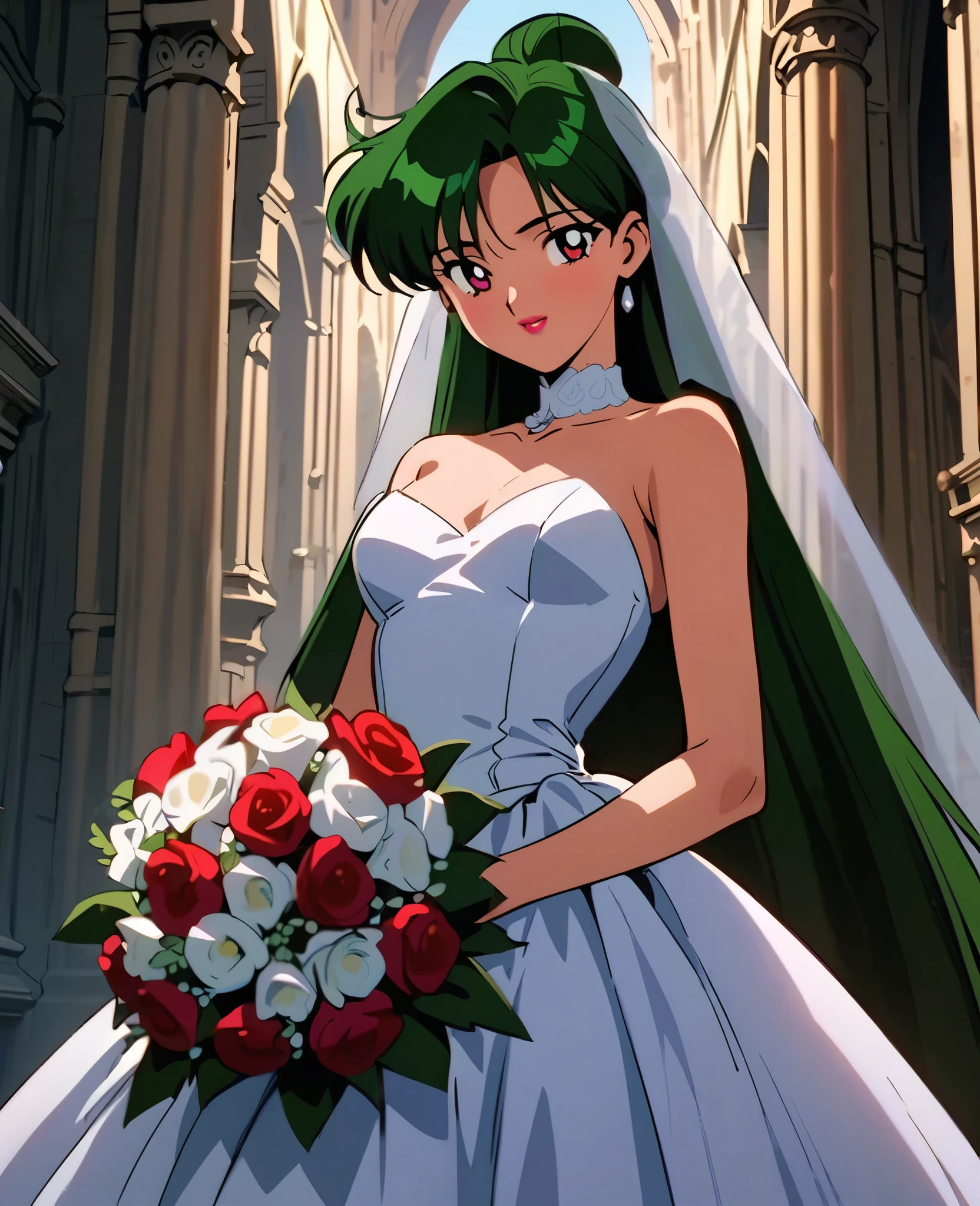 masterpiece,best quality,very aesthetic,ultra detailed,intricate details,1girl,solo,1990s \(style\),carmine eyes,lipstick,hair bun,single hair bun,long hair,dark green hair,wedding dress,cathedral,outdoors,indoors,holding bouquet,