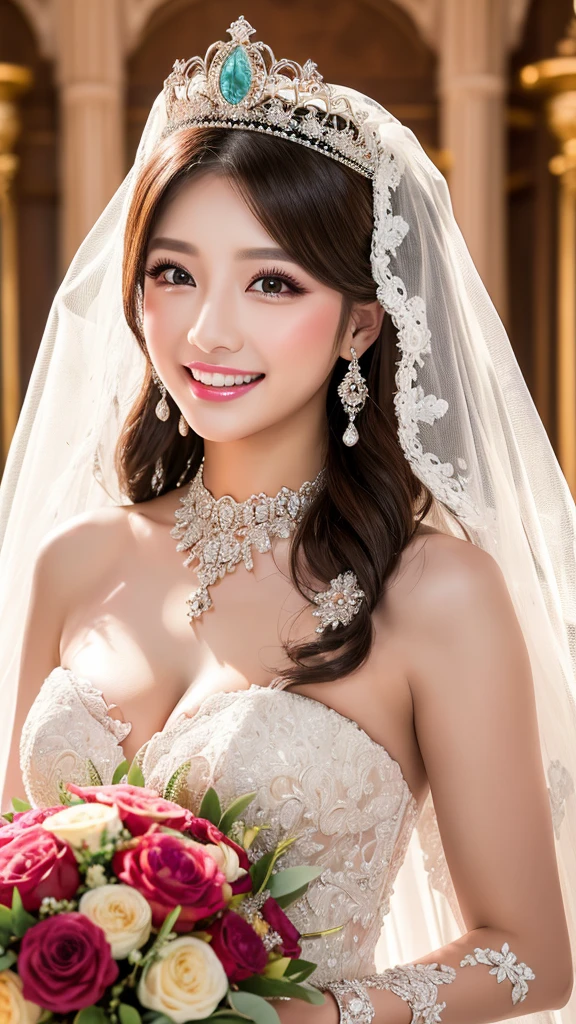 (Highest quality、Tabletop、8K、Best image quality、Award-winning works)、One beautiful bride、(alone:1.1)、(The most extravagant and gorgeous huge wedding dresses:1.1)、(Perfect Wedding Lace:1.2)、(The most extravagant and luxurious giant tiara:1.1)、(The most extravagant and luxurious giant necklace:1.1)、The most beautiful smile is looking at me、A wide selection of the finest jewellery、(Bridal upper body photo:1.1)、Perfect Makeup、Long eyelashes、Ultra HD Shining Eyes、Ultra HD Hair、Ultra-high resolution glossy lips、Ultra High Resolution Perfect Teeth、Super high resolution beautiful face、(Accurate anatomy:1.1)、(Very bright and beautiful skin:1.2)、(very bright and vivid:1.2)、(Luxury wedding venue background:1.1)