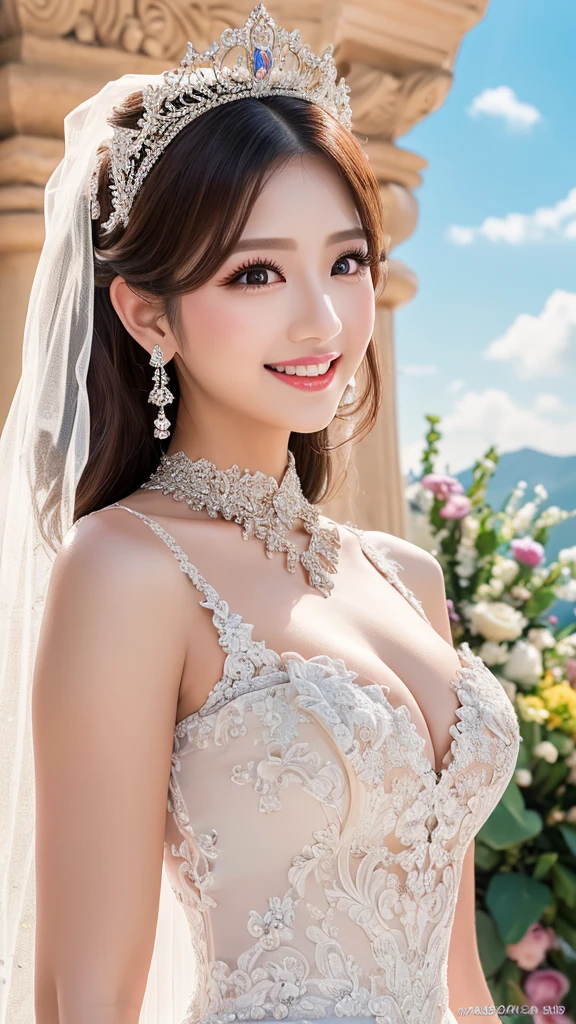 (Highest quality、Tabletop、8K、Best image quality、Award-winning works)、One beautiful bride、(alone:1.1)、(The most extravagant and gorgeous huge wedding dresses:1.1)、(Perfect Wedding Lace:1.2)、(The most extravagant and luxurious giant tiara:1.1)、(The most extravagant and luxurious giant necklace:1.1)、The most beautiful smile is looking at me、A wide selection of the finest jewellery、(Bridal upper body photo:1.1)、Perfect Makeup、Long eyelashes、Ultra HD Shining Eyes、Ultra HD Hair、Ultra-high resolution glossy lips、Ultra High Resolution Perfect Teeth、Super high resolution beautiful face、(Accurate anatomy:1.1)、(Very bright and beautiful skin:1.2)、(very bright and vivid:1.2)、(Luxury wedding venue background:1.1)
