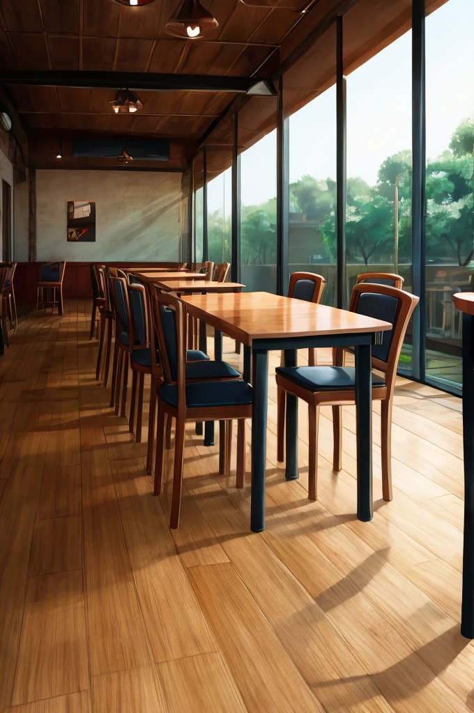 An empty cafe with lots of tables and chairs. Only a lonely girl sits at a table
