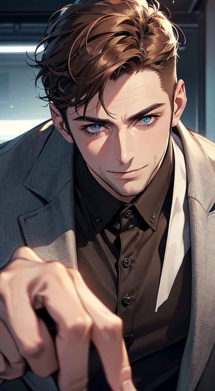 (best quality,4k,8k,highres,masterpiece:1.2),ultra-detailed,(realistic,photorealistic,photo-realistic:1.37),1 man,31 years old,mature man,very handsome,without expression,smile,short brown hair,blue eyes,penetrating gaze,perfect face without errors,imposing posture,businessman,office background,cinematic lighting,hdr image