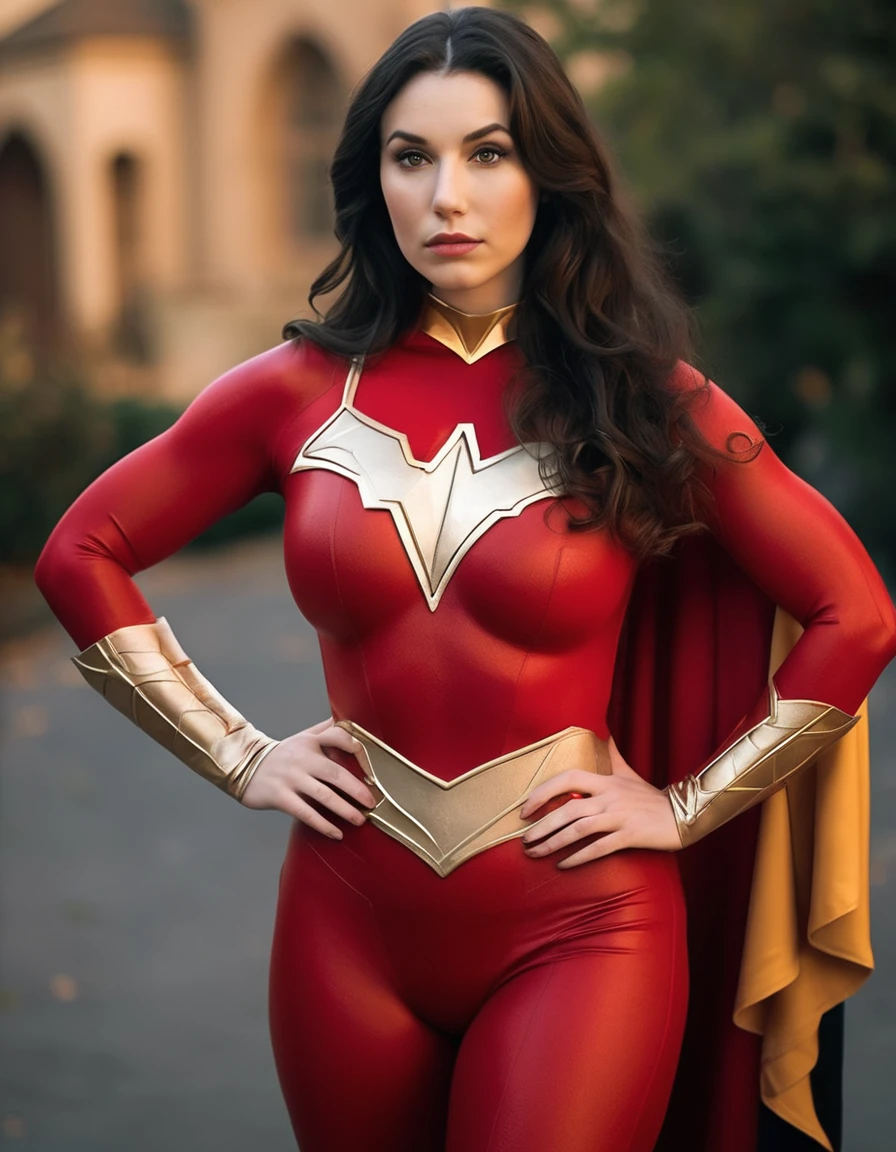 professional portrait photo of Grccrlncrry woman, looking at the camera, Busty outfit and skin tight costume. Curvaceous figure, large breasts. Showing cleavage, highly detailed, skin texture, cosplaying as Mary Marvel of the DC universe of comics.