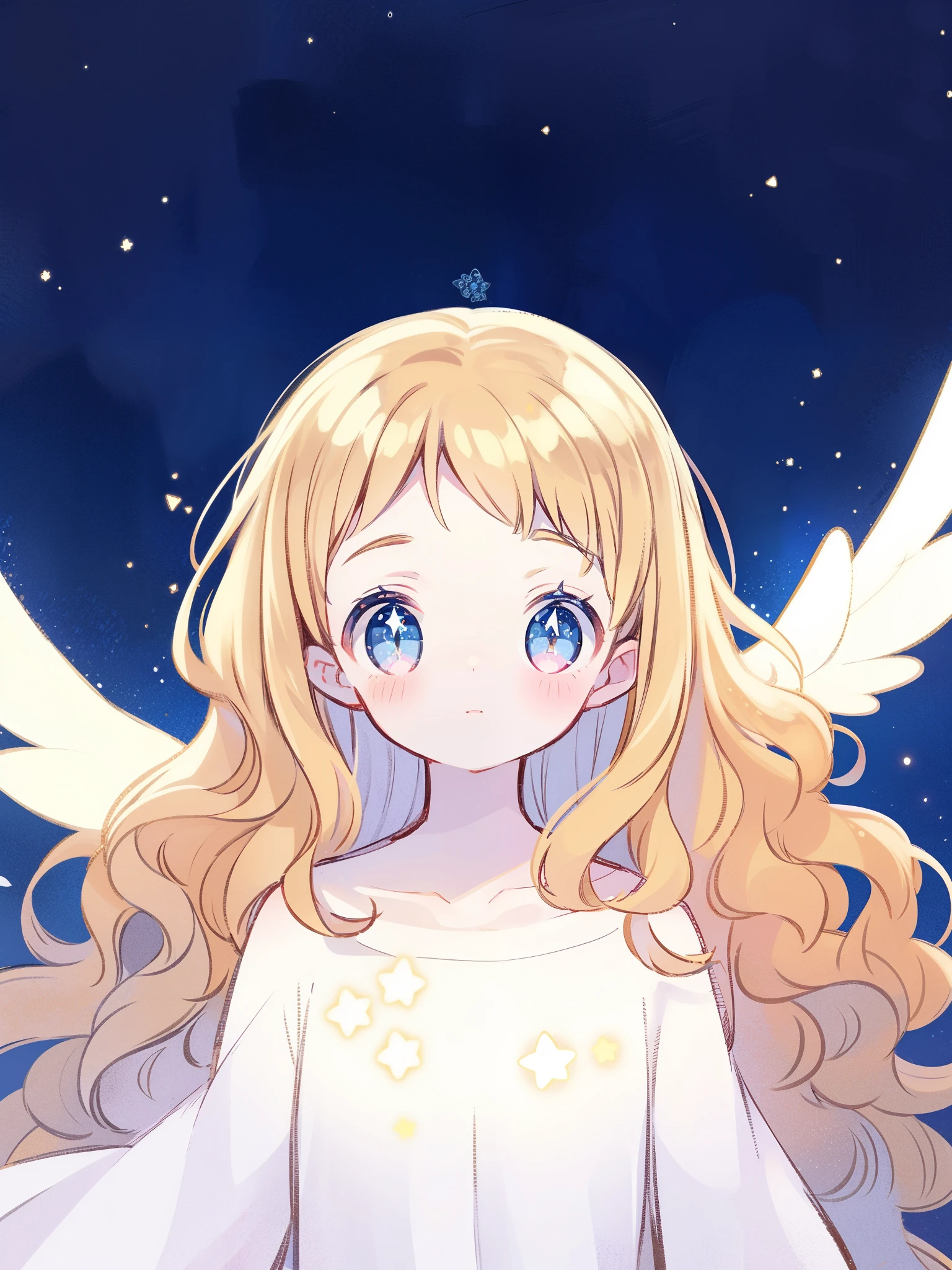 nude angel girl wearing an ethereal translucent dress, pale skin, ((sparkling wavy hair)), white feathers, angel wings, sparkling detailed eyes, golden ratio face, perfect composition, highly detailed, ethereal, (starry night sky background), midjourney style