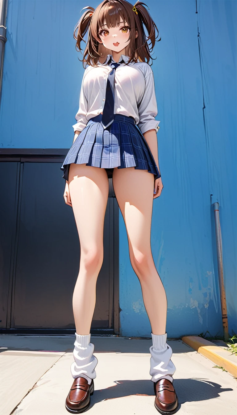 (1girl, sharp focus solo), (full body portrait image:1.4), (Masterpiece, Super realistic anime girl, Super details, Super Highest Quality, Super Highest photo realistic), super cute and beautiful girl, (fine atmosphere:1.3), You are a professional photographer Photographing my girlfriend, Very Japanese gal, Wearing navy plaid pleat mini skirt, False eyelashes, Pearl pink glossy lips, Unbuttoned white shirt, (kawaii girl:1.3), (brown eyes:1.4), big round chest, (Wider at the hem flabby large in size Super Loose long baggy Socks:1.4), (loafer), (An innocent 16-yeaJapanese girl:1.4), (skin fang:1.4), Extremely Realistic, open mouth, half close eyes, slim waist, (tanned skins:1.4), slim beautiful legs), a girls incoming, black pupils, dark brown color hair style, high school gal, (torogao:1.4), dark brown hair color, two side up hair style, hair pin, (cute Asian gal:1.4), (wide stans legs standding:1.4), white bangs, shirt out over on skirt, super slim beautiful thigh legs, black long loose necktie, satin under wear,