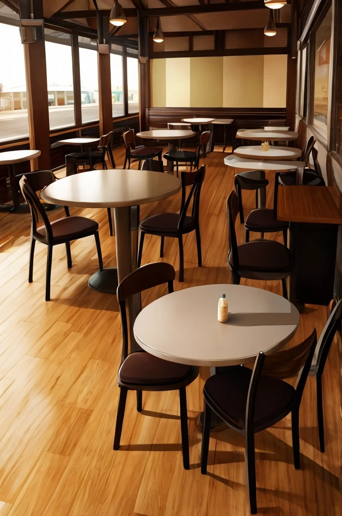 An empty cafe with lots of tables and chairs. Only a lonely girl sits at a table !