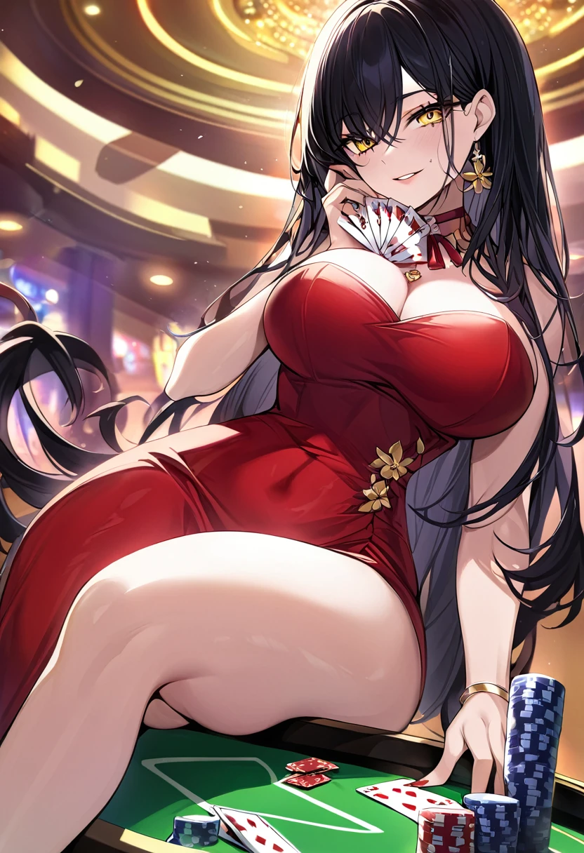 Adult female, busty, hourglass figure, sexy red dress, messy and long black hair, golden yellow irises, defined black pupils, passionate, seductive, sultry smile, casino, poker table, holding cards, sitting in a chair beside a poker table, well defined, perfect definition, high quality, perfect eyes, good hands, perfect hands, crowded casino, 