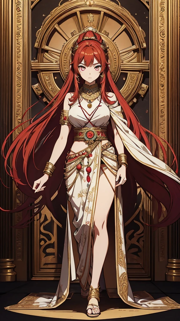 2d, masterpiece, best quality, anime, highly detailed face, highly detailed eyes, highly detailed background, perfect lighting, 1girl, solo, full body, standing, sari, genie attire, red hair, amulet 