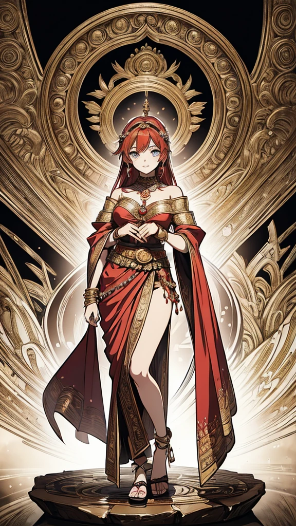 2d, masterpiece, best quality, anime, highly detailed face, highly detailed eyes, highly detailed background, perfect lighting, 1girl, solo, full body, standing, sari, genie attire, red hair, amulet