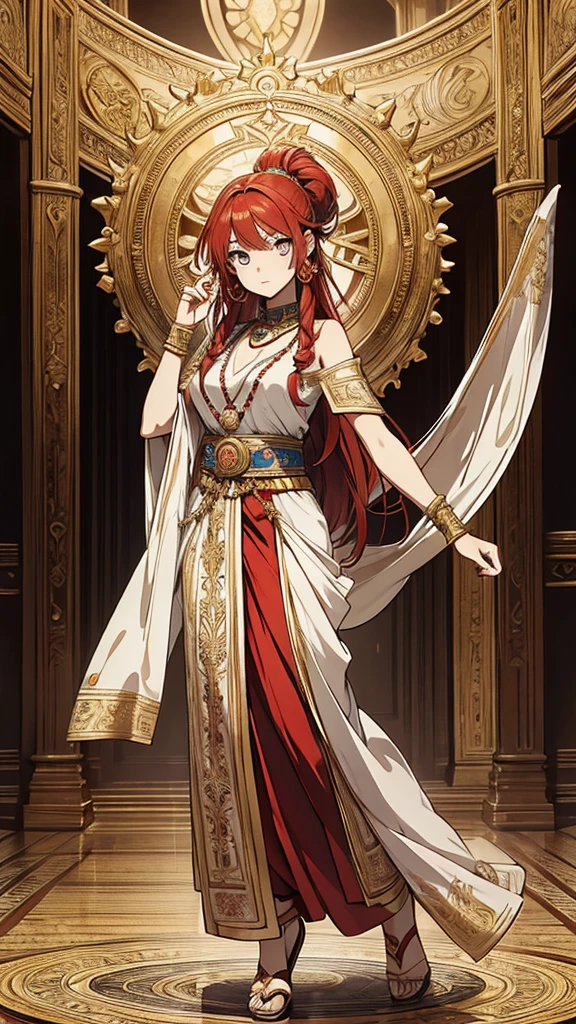 2d, masterpiece, best quality, anime, highly detailed face, highly detailed eyes, highly detailed background, perfect lighting, 1girl, solo, full body, standing, sari, genie attire, red hair, amulet 