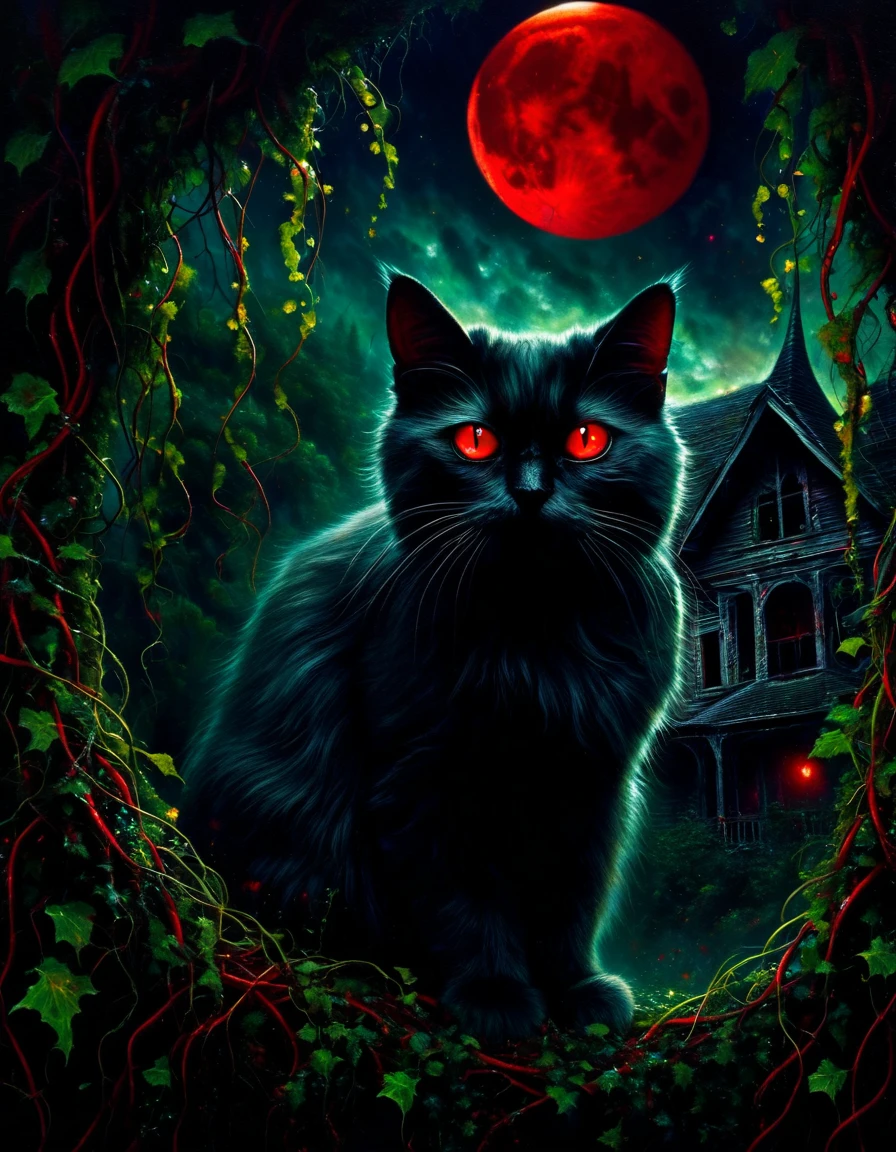 satanic cat, dark forest, abandoned house, red moon, dark fantasy, horror, oil painting, ultra-detailed,vivid colors,bokeh,dramatic lighting,dark moody atmosphere,chiaroscuro,dramatic shadows,glowing red moon,overgrown vines,crumbling architecture,sinister cat with glowing eyes
