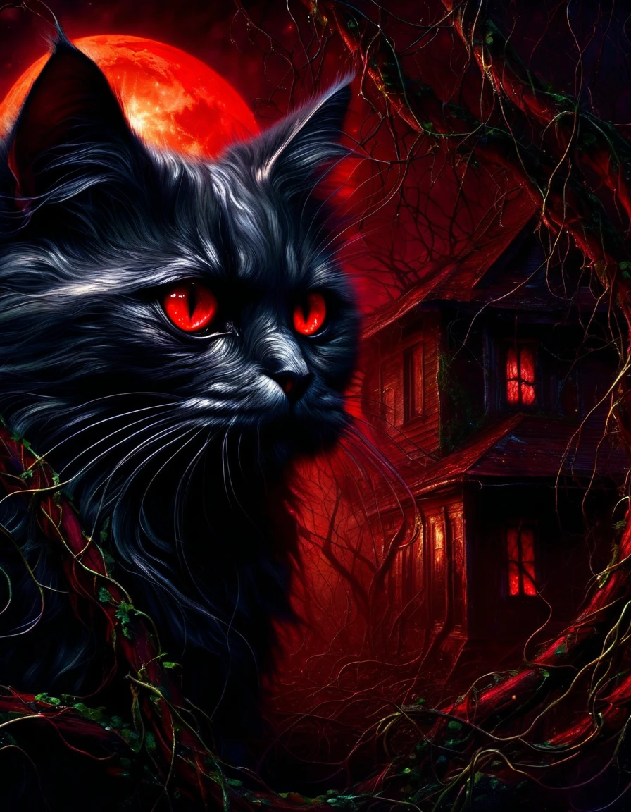 satanic cat, dark forest, abandoned house, red moon, dark fantasy, horror, oil painting, ultra-detailed,vivid colors,bokeh,dramatic lighting,dark moody atmosphere,chiaroscuro,dramatic shadows,glowing red moon,overgrown vines,crumbling architecture,sinister cat with glowing eyes