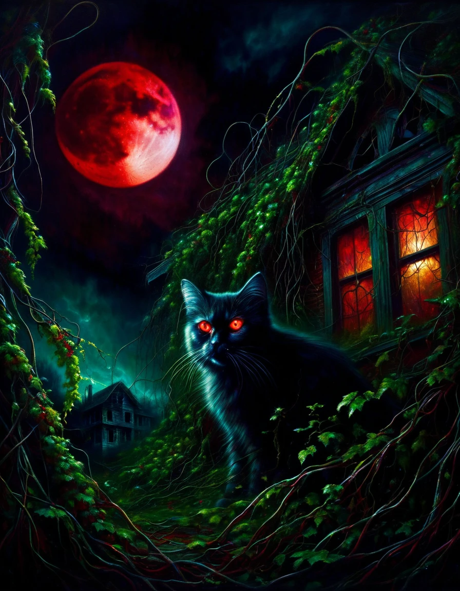 satanic cat, dark forest, abandoned house, red moon, dark fantasy, horror, oil painting, ultra-detailed,vivid colors,bokeh,dramatic lighting,dark moody atmosphere,chiaroscuro,dramatic shadows,glowing red moon,overgrown vines,crumbling architecture,sinister cat with glowing eyes
