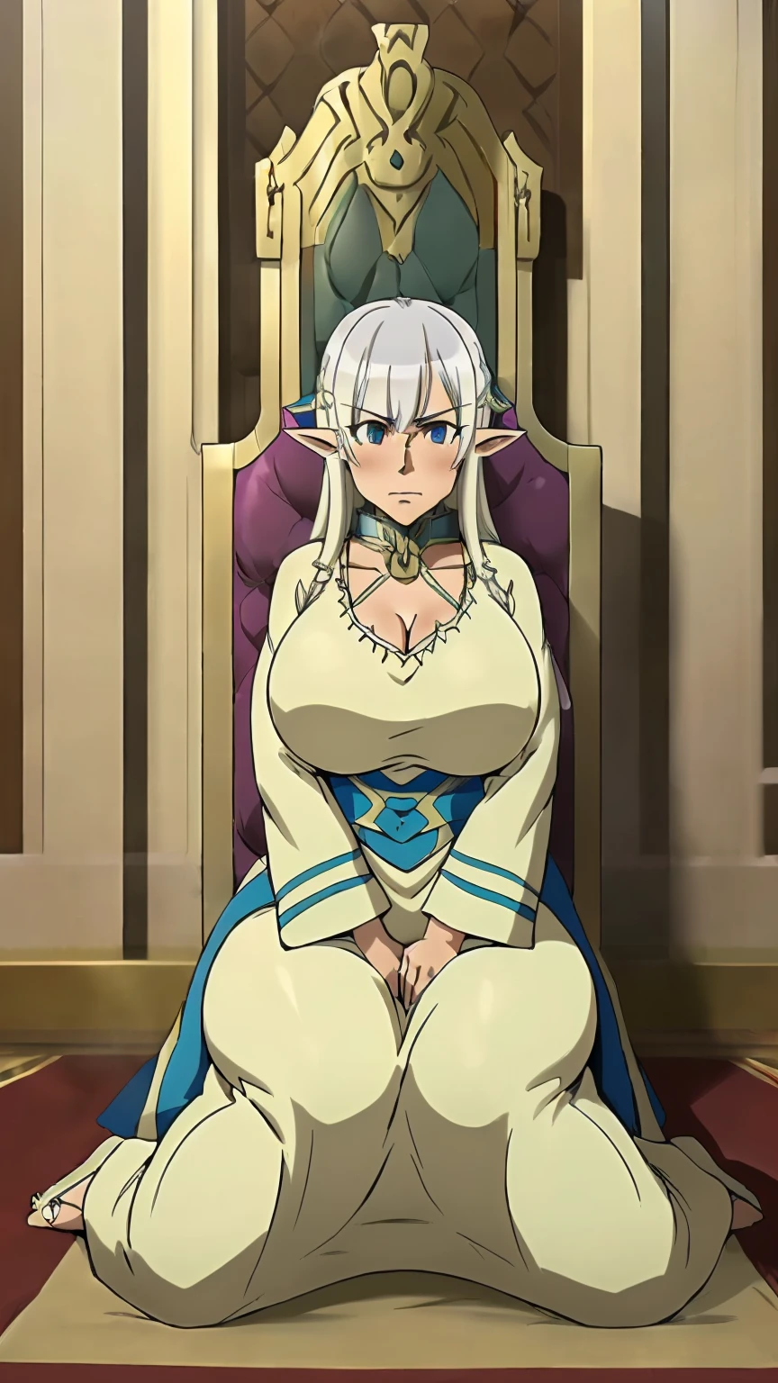 (1 elf alone, fantasy isekai, elf queen,) ((((("milf, 70 year old mature woman mom"))))) robust breasts, voluminous body, thick thighs, green dress, sitting on the throne, white hair ,Blue eyes, angry expression, white pumps, sexy body, wonderful body, Detailed art, oriental dress