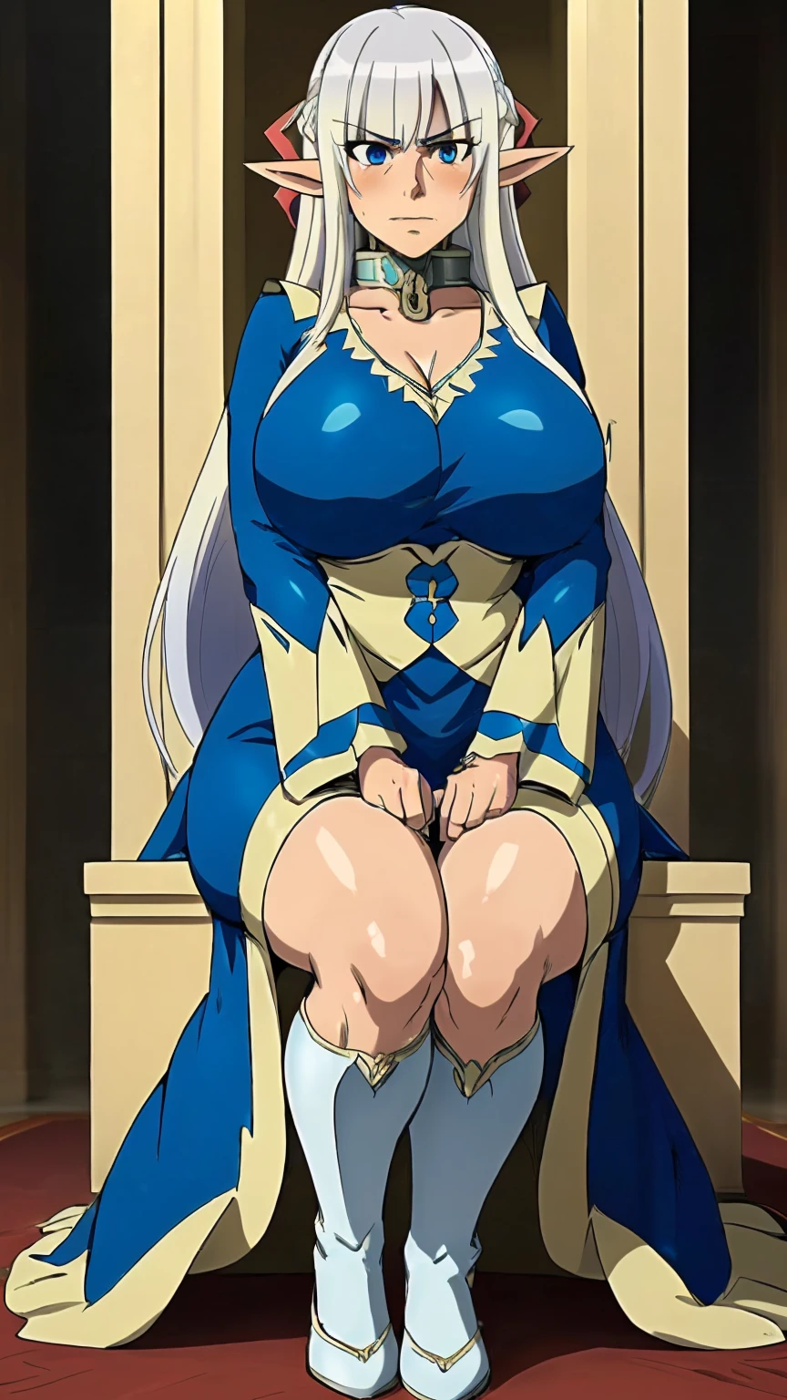 (1 elf alone, fantasy isekai, elf queen,) ((((("milf, 70 year old mature woman mom"))))) robust breasts, voluminous body, thick thighs, green dress, sitting on the throne, white hair ,Blue eyes, angry expression, white pumps, sexy body, wonderful body, Detailed art, oriental dress