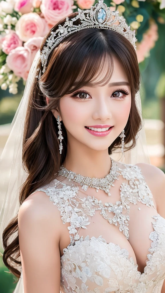 (Highest quality、Tabletop、8K、Best image quality、Award-winning works)、One beautiful bride、(alone:1.1)、(The most extravagant and gorgeous huge wedding dresses:1.1)、(Perfect Wedding Lace:1.2)、(The most extravagant and luxurious giant tiara:1.1)、(The most extravagant and luxurious giant necklace:1.1)、The most beautiful smile is looking at me、A wide selection of the finest jewellery、(Bridal upper body photo:1.1)、Perfect Makeup、Long eyelashes、Ultra HD Shining Eyes、Ultra HD Hair、Ultra-high resolution glossy lips、Ultra High Resolution Perfect Teeth、Super high resolution beautiful face、(Accurate anatomy:1.1)、(Very bright and beautiful skin:1.2)、(very bright and vivid:1.2)、(Luxury wedding venue background:1.1)