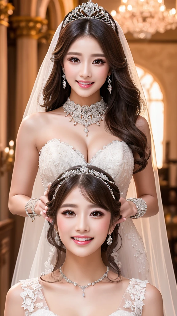 (Highest quality、Tabletop、8K、Best image quality、Award-winning works)、One beautiful bride、(alone:1.1)、(The most extravagant and gorgeous huge wedding dresses:1.1)、(Perfect Wedding Lace:1.2)、(The most extravagant and luxurious giant tiara:1.1)、(The most extravagant and luxurious giant necklace:1.1)、The most beautiful smile is looking at me、A wide selection of the finest jewellery、(Bridal upper body photo:1.1)、Perfect Makeup、Long eyelashes、Ultra HD Shining Eyes、Ultra HD Hair、Ultra-high resolution glossy lips、Ultra High Resolution Perfect Teeth、Super high resolution beautiful face、(Accurate anatomy:1.1)、(Very bright and beautiful skin:1.2)、(very bright and vivid:1.2)、(Luxury wedding venue background:1.1)